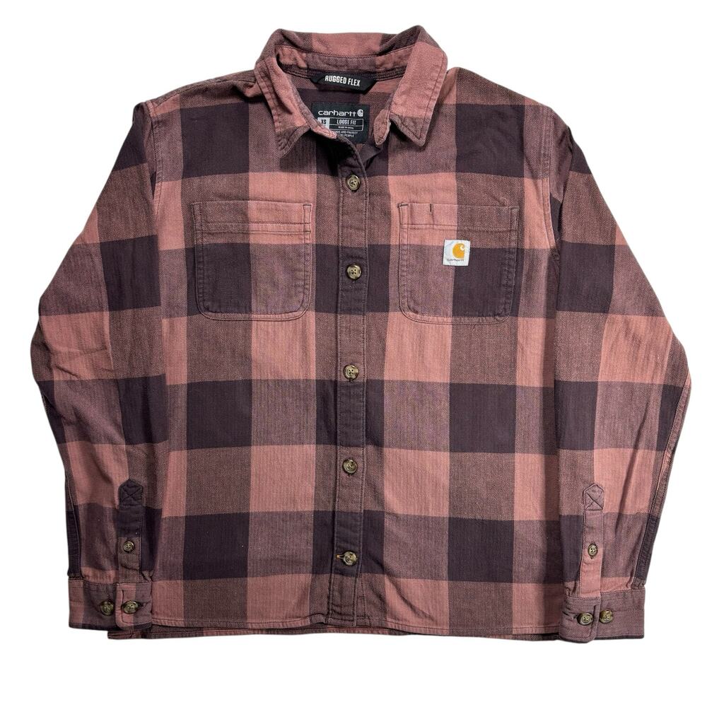 Carhartt Women's Pink and Brown Buffalo Plaid Button-Up